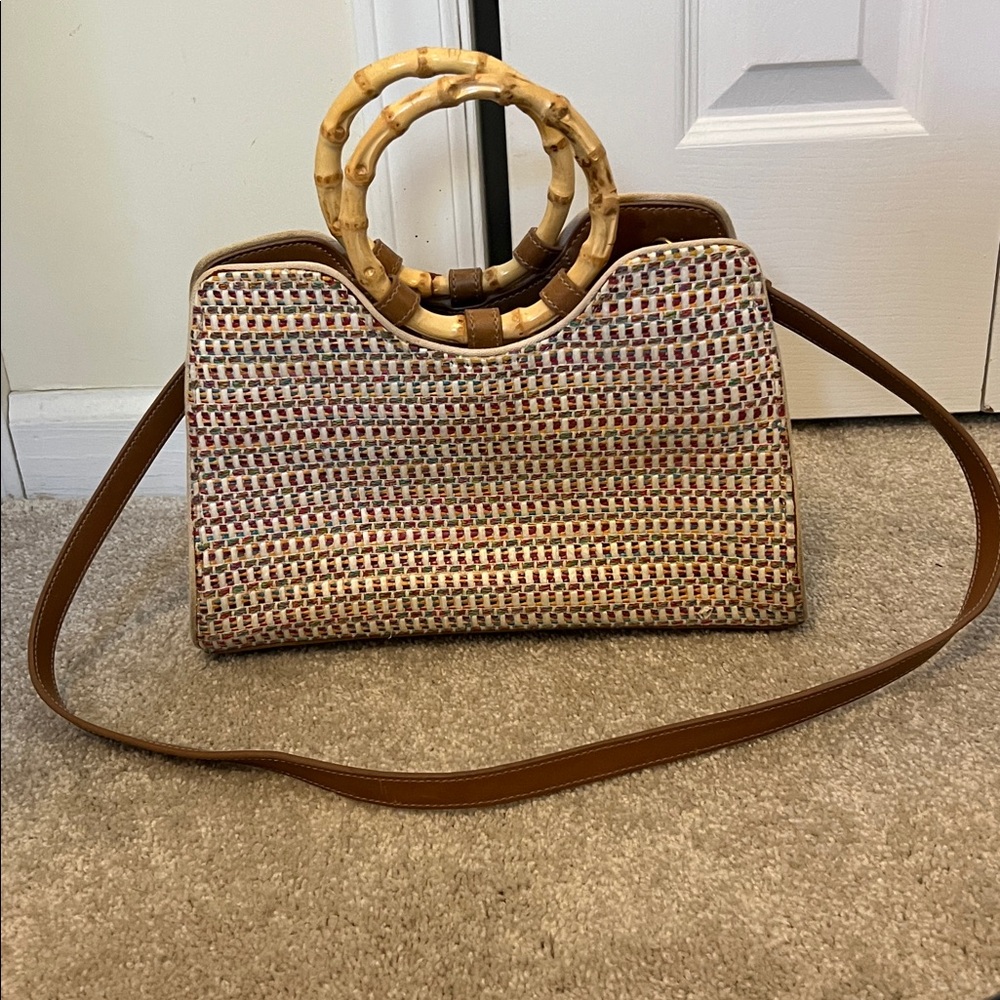 Fossil Brand Woven Handbag with Bamboo Handles